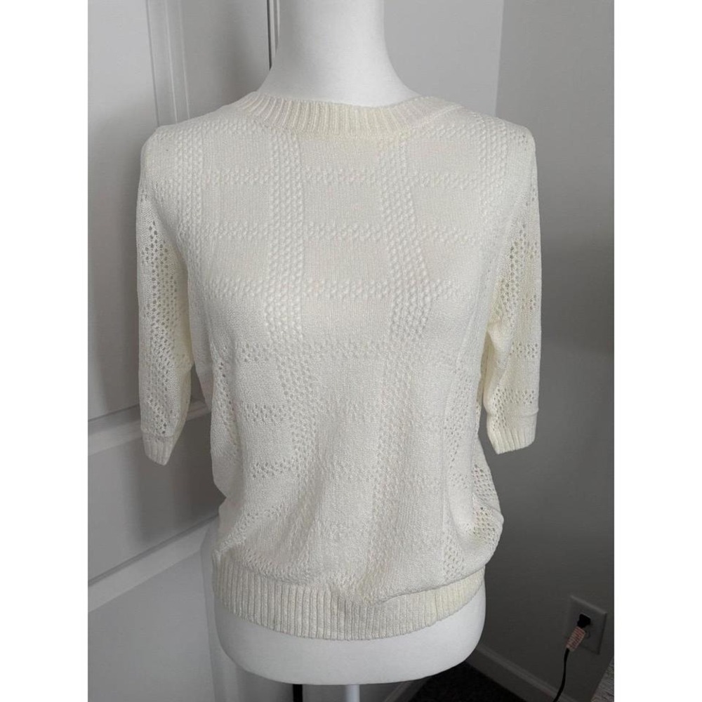 NWT DOKOTOO Womens Cream White Knit Sweater 3/4 Sleeve Textured Checkered Size M